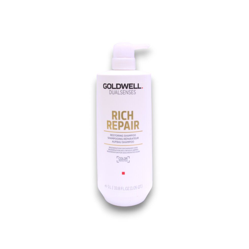 Flacone di shampoo bianco con dosatore. Goldwell Dualsenses Rich Repair. Scritta: Rich Repair, Color Protection. Volume: 1L.