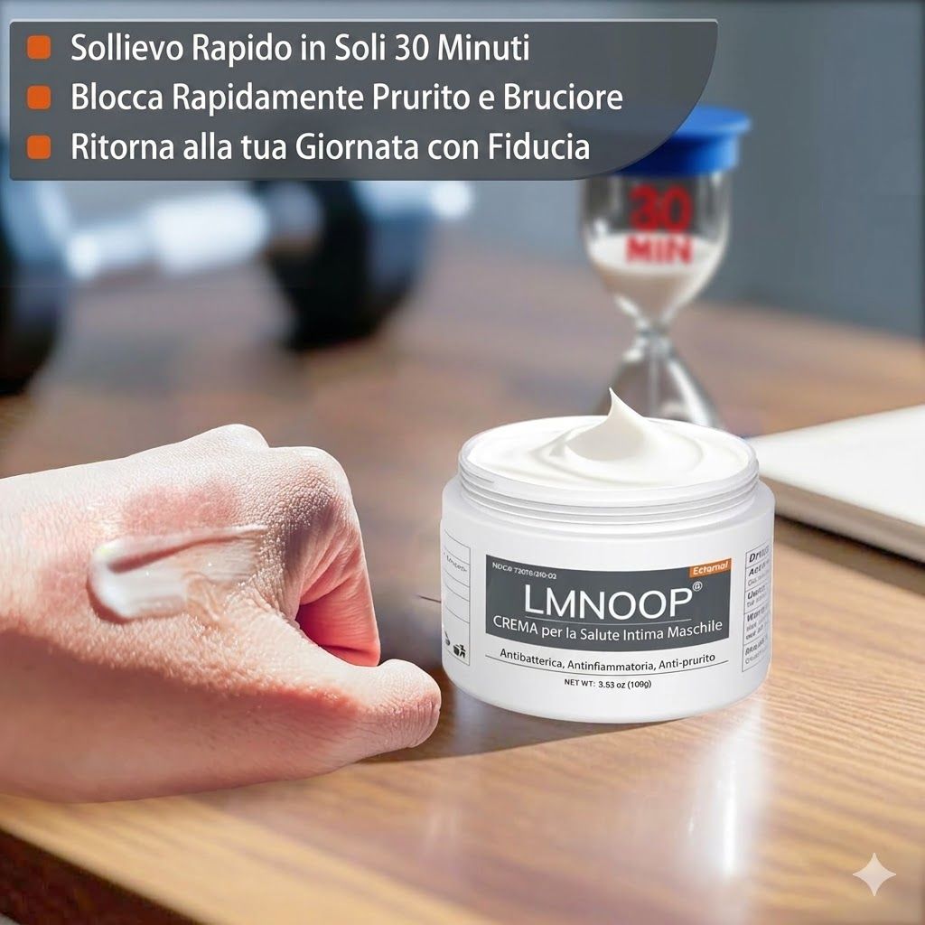 Vasetto di crema bianco. Testo: "LMNOOP CREMA per la salute intima maschile". Testo: Sollievo rapido, ferma il prurito, torna alla tua giornata.