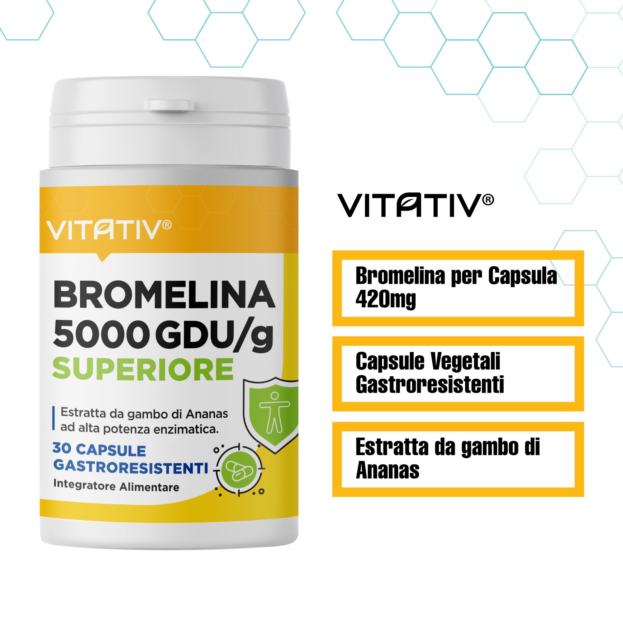 Vitativ® Bromelina 5000 GDU/g Superiore 30 Capsule Gastroresistenti | Drenante Forte Gambe Stanche