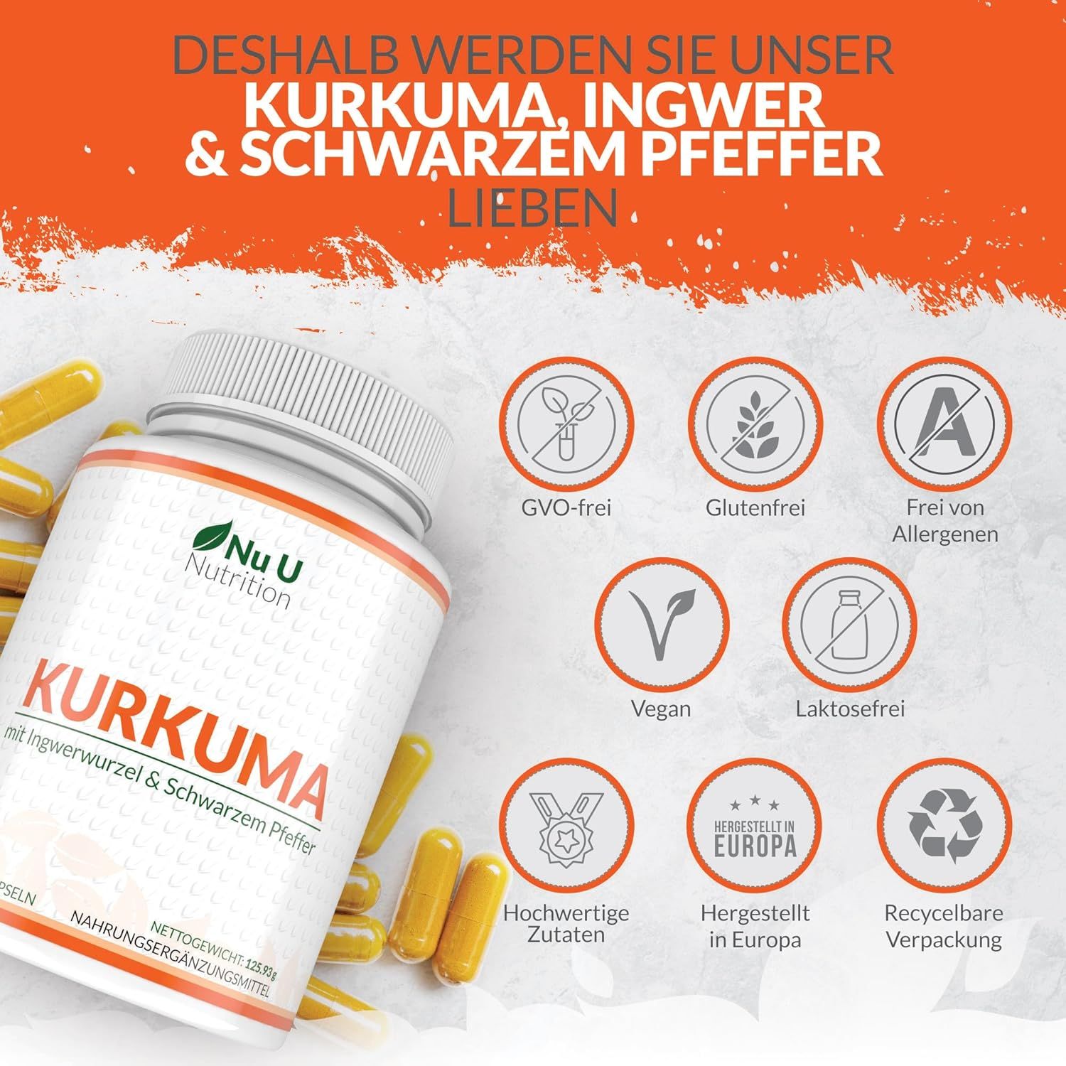 Flacone di capsule di curcuma e icone: senza OGM, senza glutine, senza allergeni, vegano, senza lattosio, ingredienti di alta qualità, prodotto in Europa.