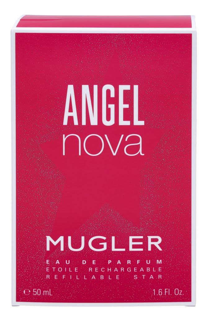 Confezione con scritta ANGEL NOVA e MUGLER. Confezione rossa con stella. Testo: Eau de Parfum, 50 ml, 1.6 Fl. Oz.