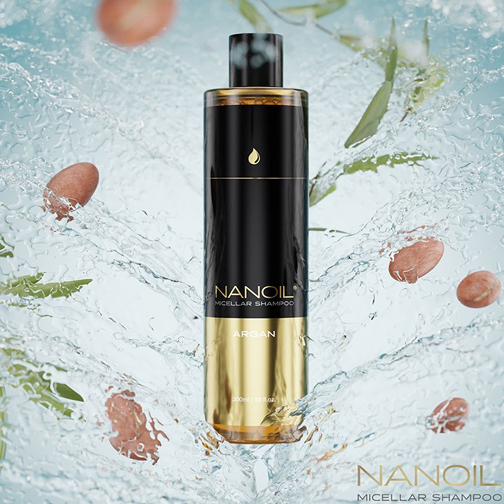 Flacone nero con fondo dorato, Nanoil Micellar Shampoo Argan, 500ml.