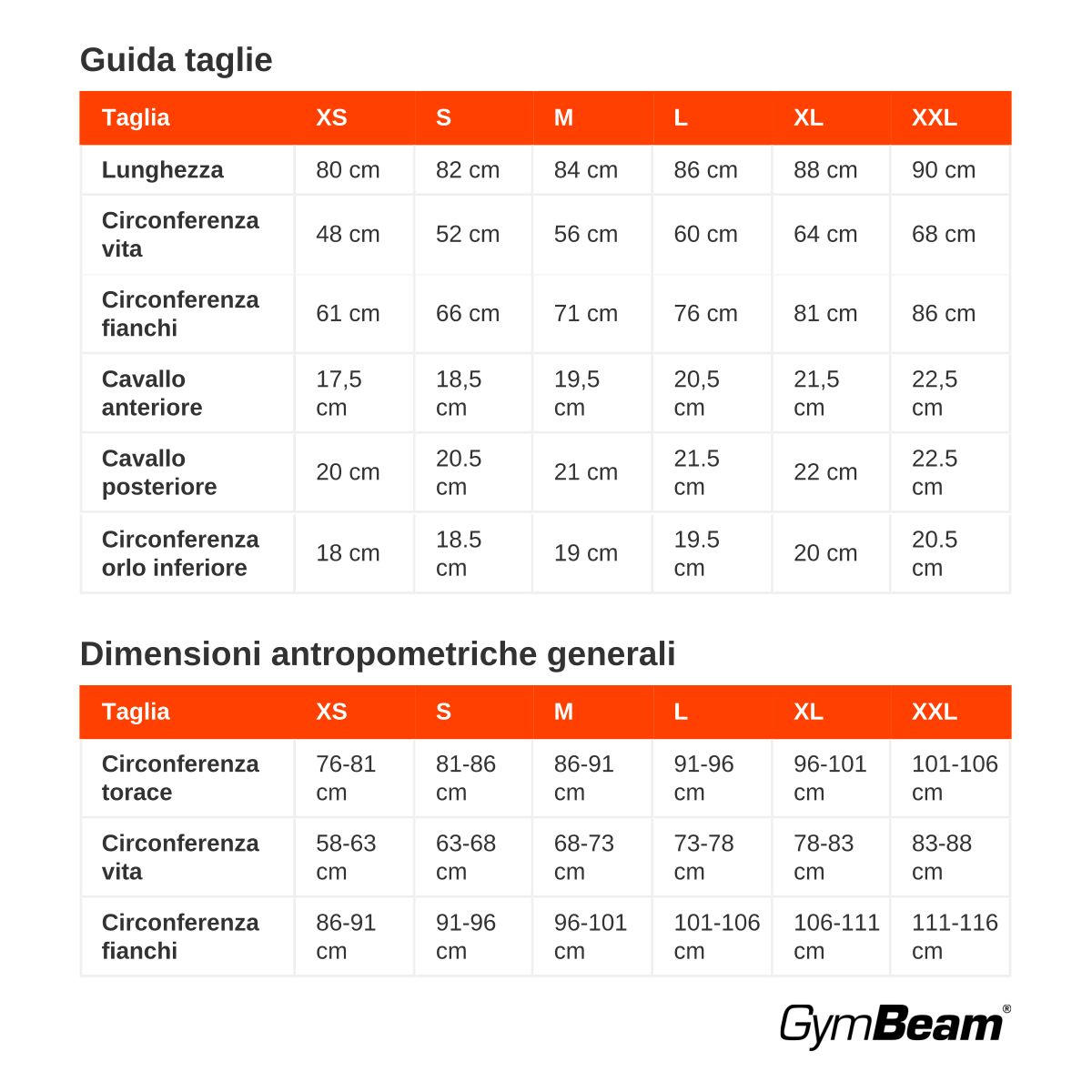 Tabella delle taglie per leggings senza cuciture Fierce con dimensioni antropometriche generali.