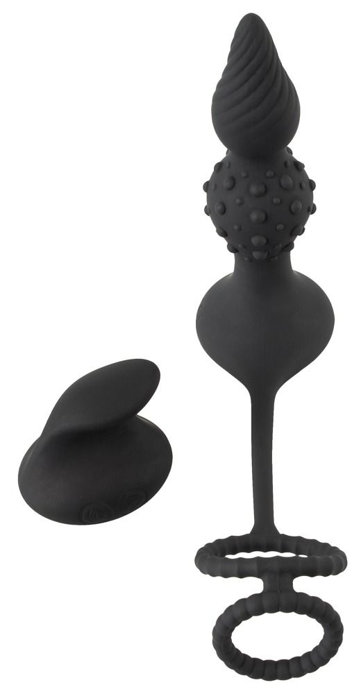 Vibratore anale nero con punta scanalata e bottoni, con due anelli.