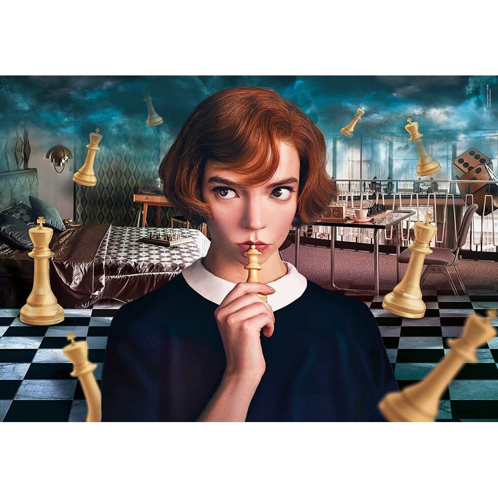 Scatola puzzle con immagine di donna con pezzo degli scacchi in bocca. Scritte: The Queen's Gambit, Netflix, 1000 pezzi.