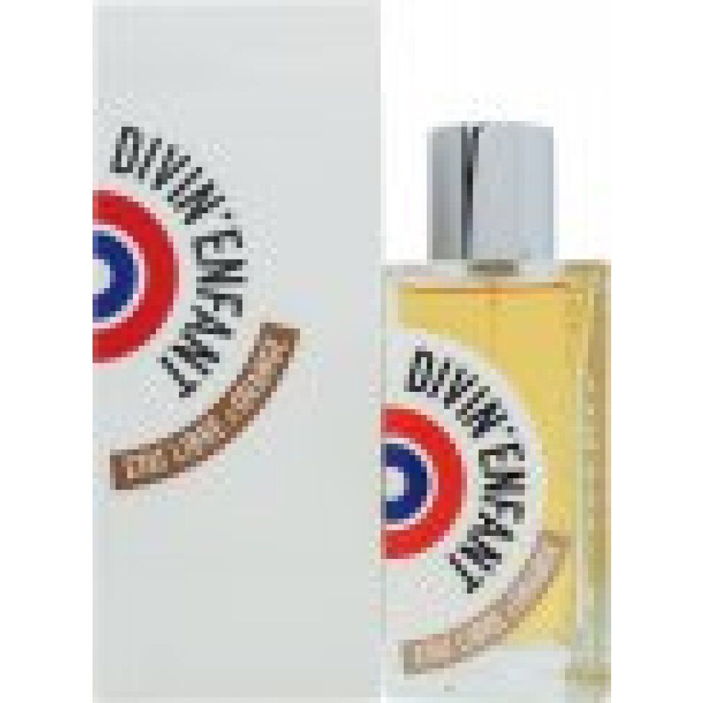 Flacone di profumo e confezione. Flacone con tappo argentato, liquido trasparente. Confezione bianca con logo e testo.