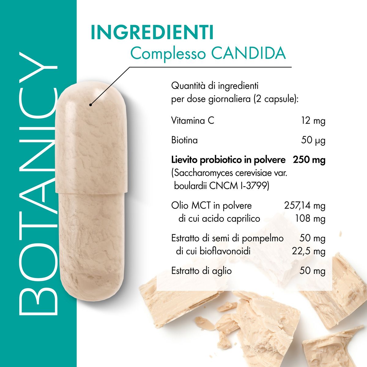 Ingredienti di Botanicy Complesso CANDIDA. Capsula con indicazioni: vitamina C, biotina, lievito probiotico, olio MCT, estratto di semi di pompelmo, estratto di aglio.