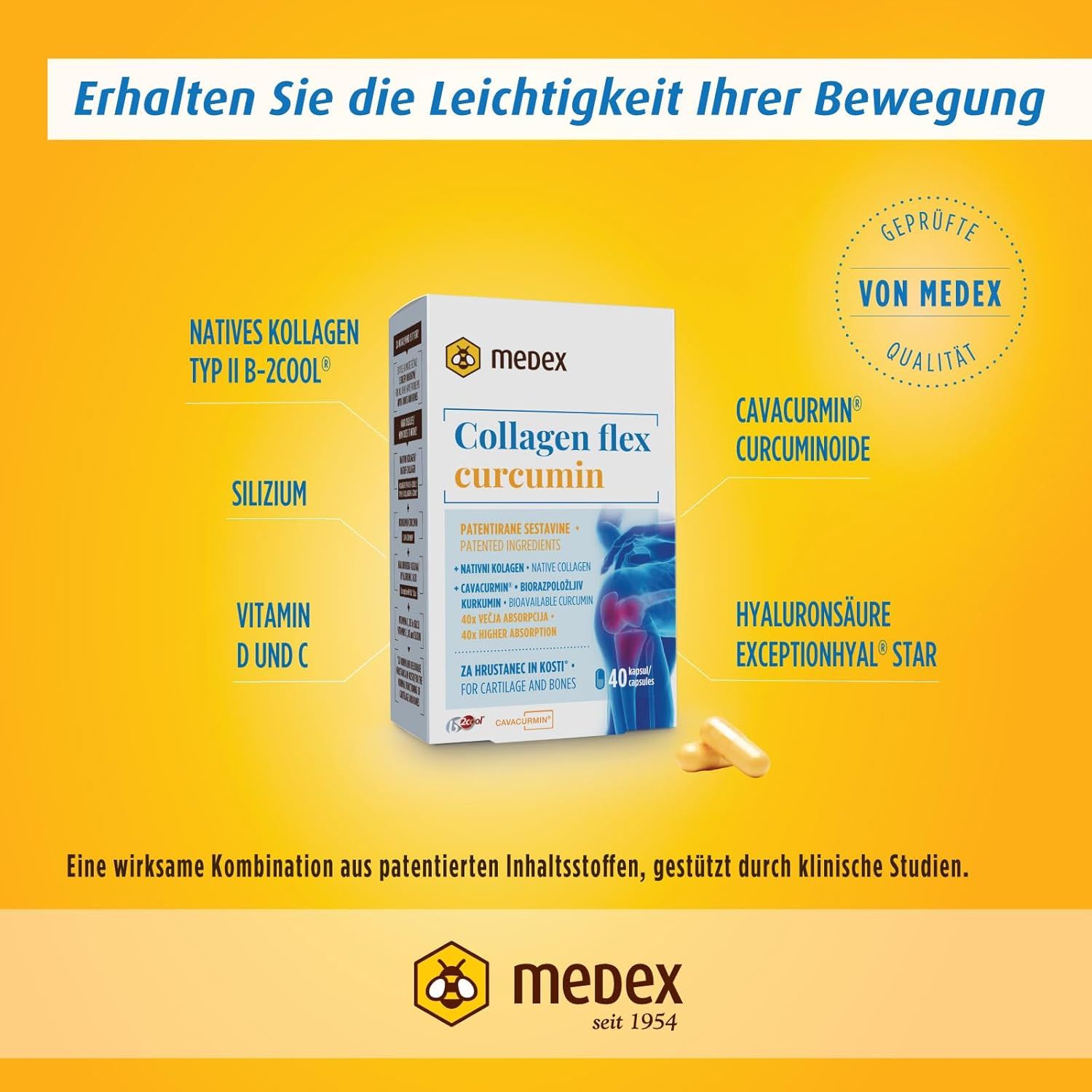 Confezione di Medex Collagen Flex Curcumin. Contiene capsule. Sfondo giallo con testo e informazioni sul prodotto. Marchio di qualità.