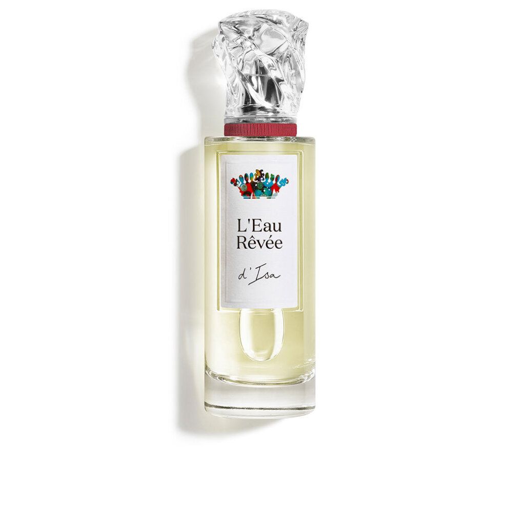 Flacone di Sisley Paris D'Isa Eau de Toilette. Flacone in vetro con tappo trasparente. Testo: L'Eau Rêvée d'Isa.