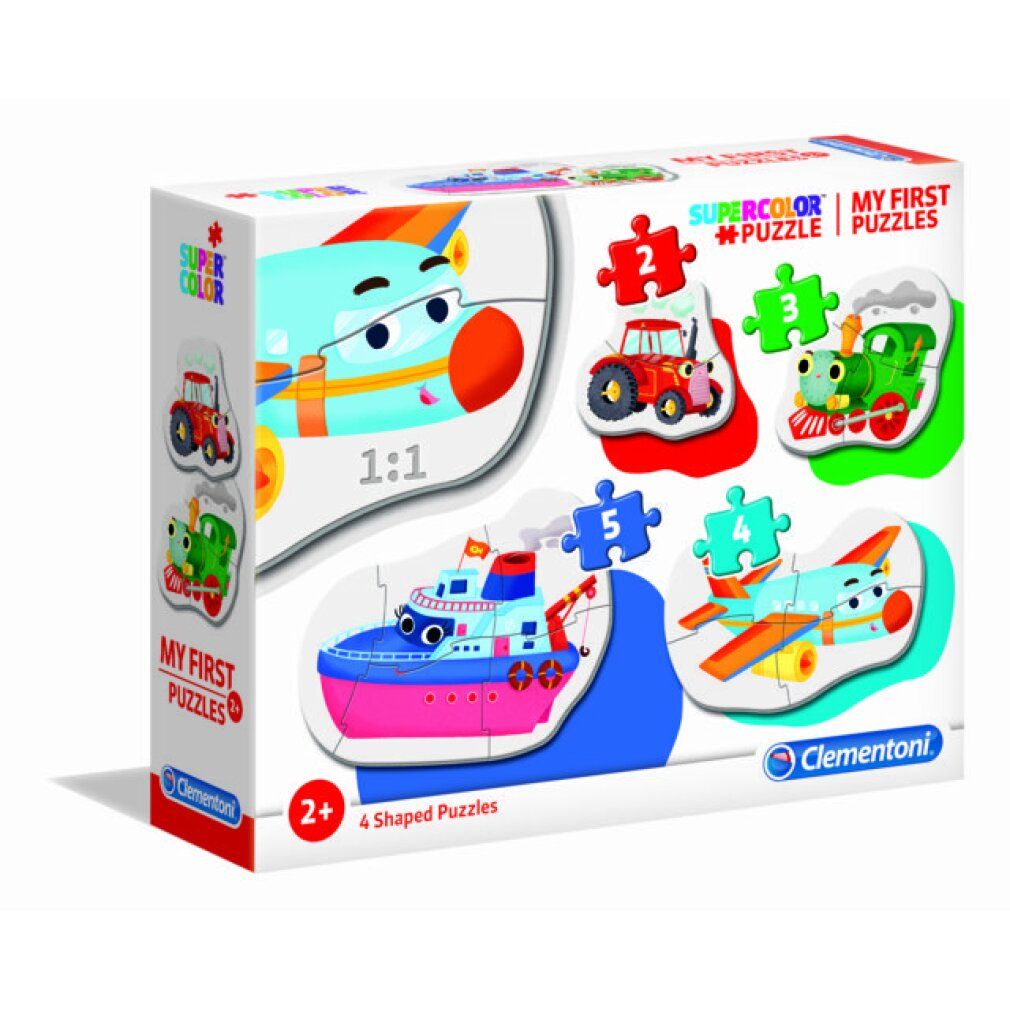 Puzzle 'My First Puzzles - Fahrzeuge' di Clementoni. Confezione con 4 puzzle: trattore, treno, nave e aereo. Età consigliata: 2+.