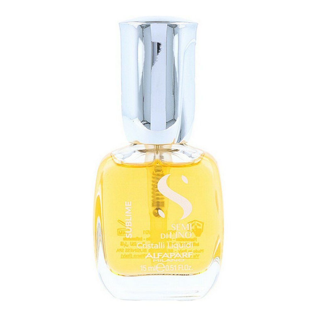 Flacone di vetro giallo con tappo argentato. Scritta: Sublime, Semi Di Lino Cristalli Liquidi, Alfaparf Milano. 15 ml.