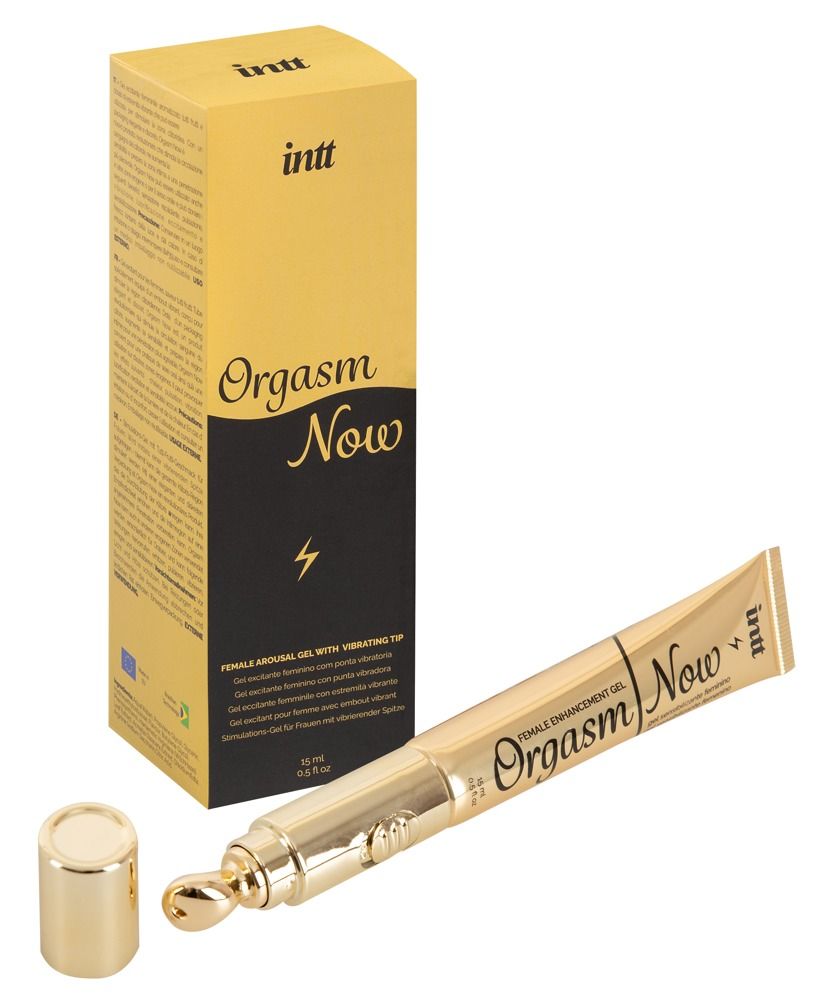 Confezione e tubo dorati. Scritta: intt, Orgasm Now. Tubo con punta vibrante. Tappo accanto.