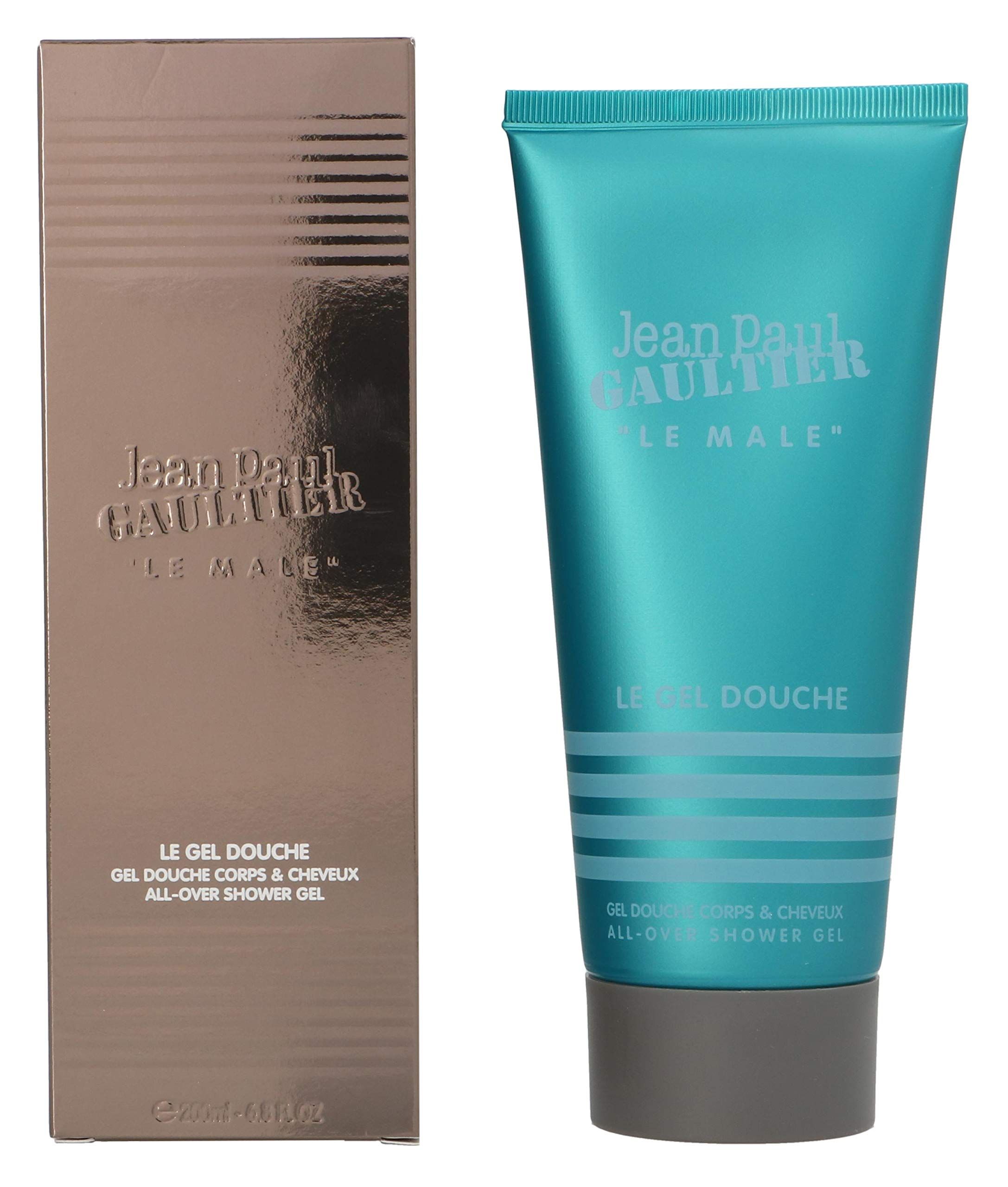 Confezione e tubo del prodotto. Marchio Jean Paul Gaultier, nome prodotto Le Male Le Gel Douche. Tubo turchese, tappo grigio.