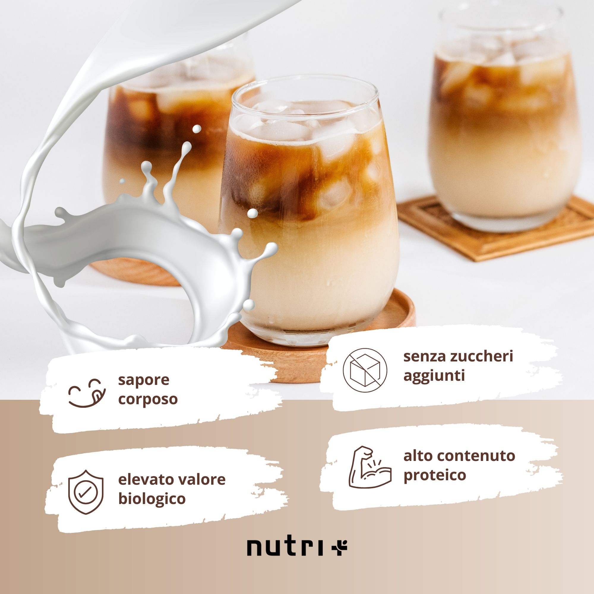 Infografica italiana: nutri+ Proteine 6K, vantaggi come puramente vegetale, super cremoso, buona solubilità.