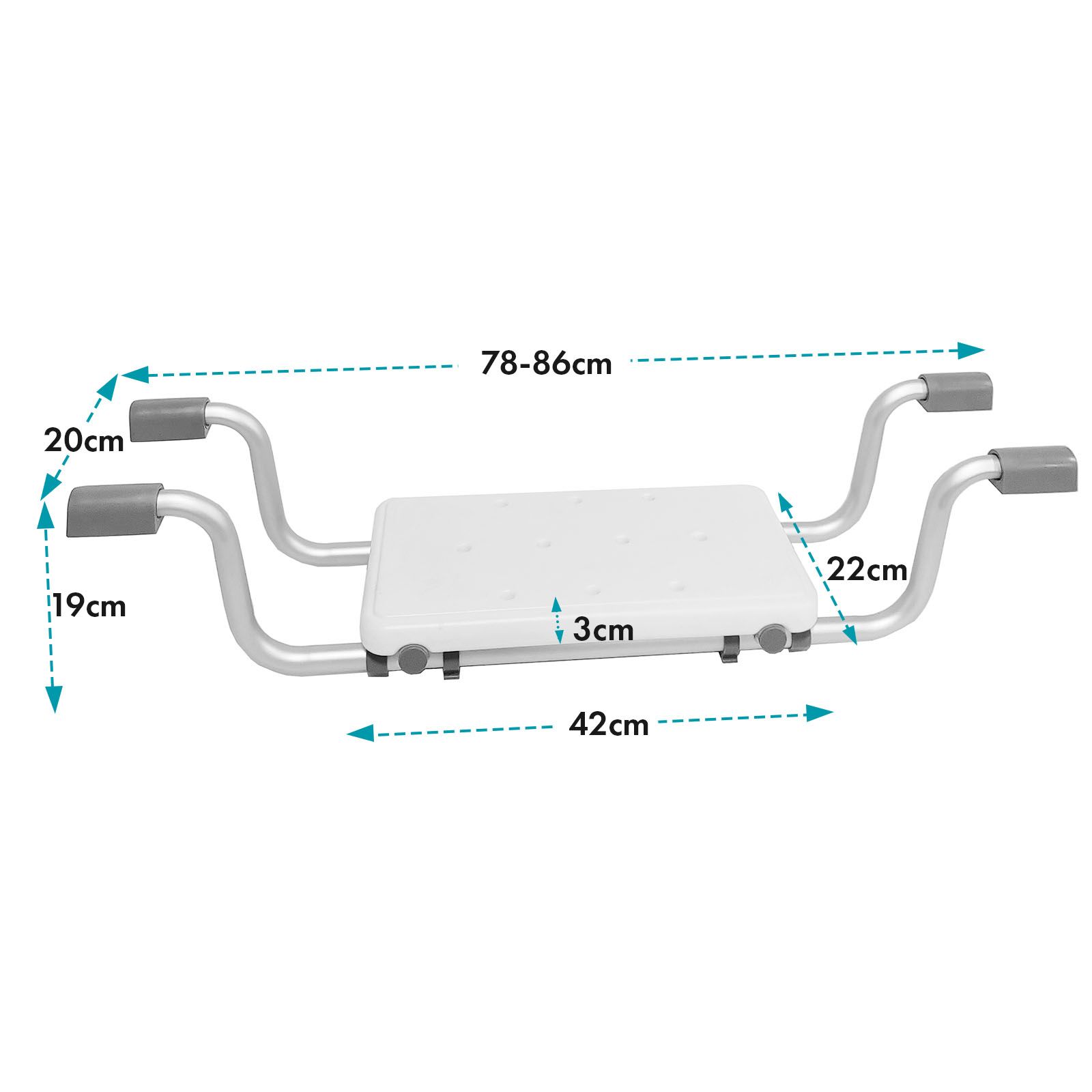 Sedile vasca con dimensioni. 78-86cm larghezza, 20cm altezza, 19cm profondità, seduta 42cm larghezza.