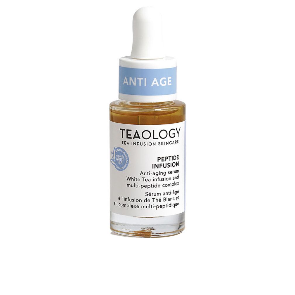 Siero anti-età Teology Peptide Infusion in flacone di vetro con contagocce. Contiene tè bianco e complesso multi-peptidico. Primo piano del flaconcino.