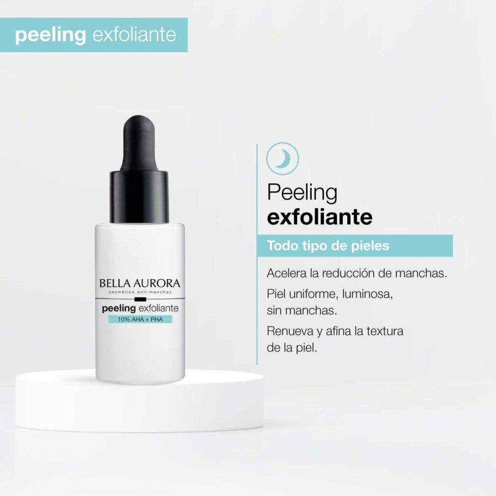 Flacone bianco con tappo nero e contagocce. Scritta: Bella Aurora, peeling exfoliante, 10% AHA + PHA. Testo: Peeling exfoliante, tutti i tipi di pelle.