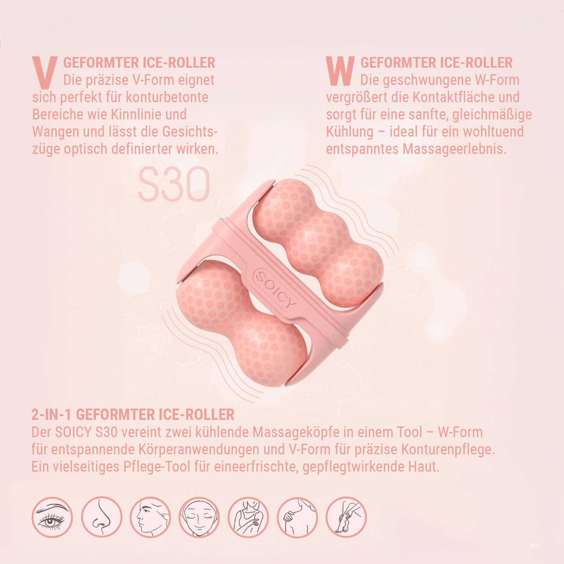 Rullo di ghiaccio rosa con tre testine. Scritta: SOICY. A forma di V. Su sfondo bianco.
