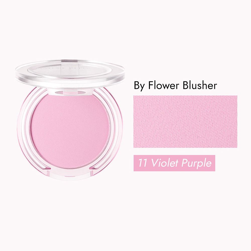Blush rotondo viola. Contenitore trasparente con coperchio. Testo: By Flower Blusher, 11 Violet Purple.