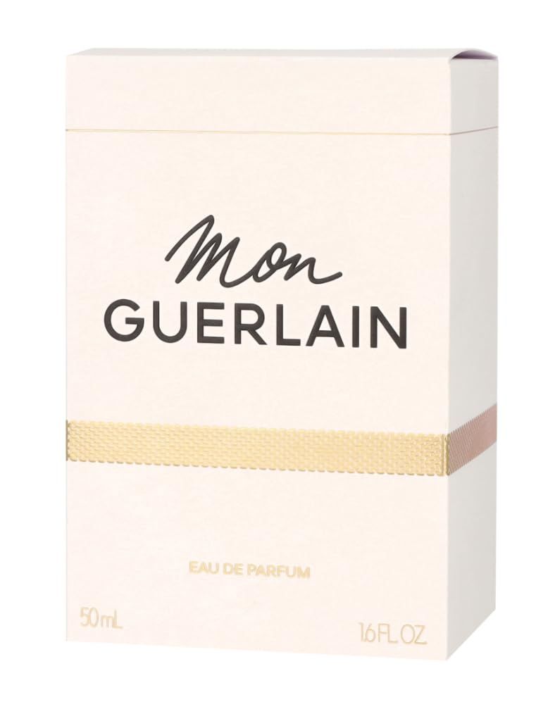 Confezione con testo 'Mon Guerlain'. Bianca con fascia dorata. Testo: Eau de Parfum, 50 ml, 1.6 fl. oz.