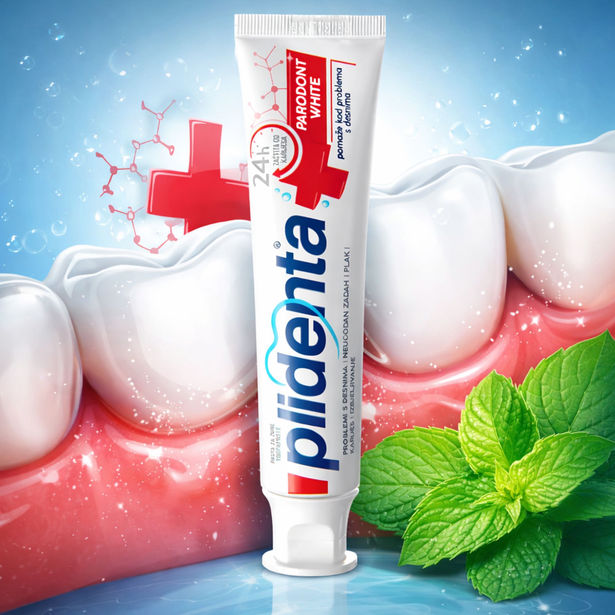 Tubo di dentifricio con testo: Plidenta Parodont White. Rappresentazione di denti, gengive e menta. Sfondo blu.