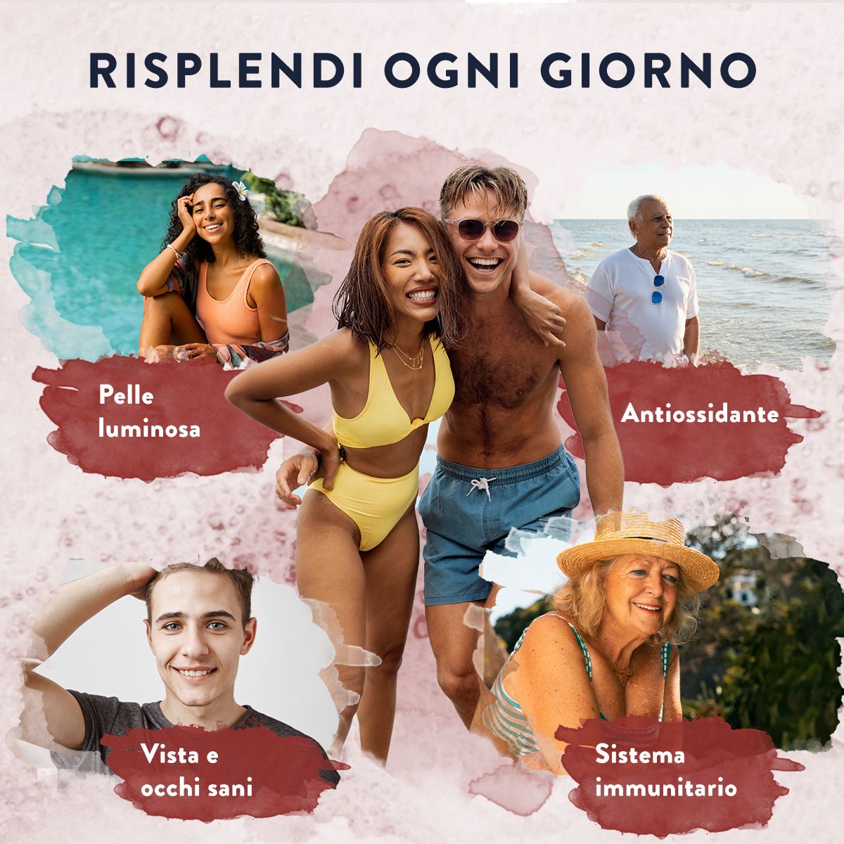 Persone sulla spiaggia. Testo: Pelle luminosa, antiossidante, occhi sani, sistema immunitario.