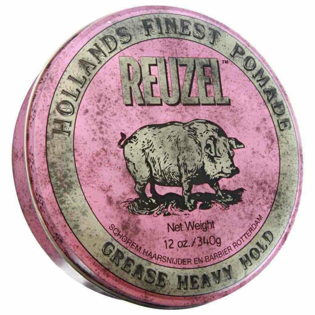 Barattolo rotondo rosa. Scritta Reuzel, illustrazione di maiale, testo. 12 oz./340g. "Grease Heavy Hold".