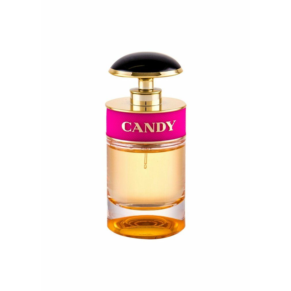 Flacone di profumo con elementi dorati e fascia rosa con la scritta 'CANDY'. Tappo nero. Base trasparente.