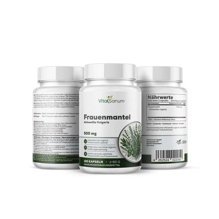 Tre contenitori bianchi per capsule con tappi bianchi. Etichetta frontale: VitaSanum Frauenmantel Alchemilla Vulgaris 500 mg, 120 capsule.