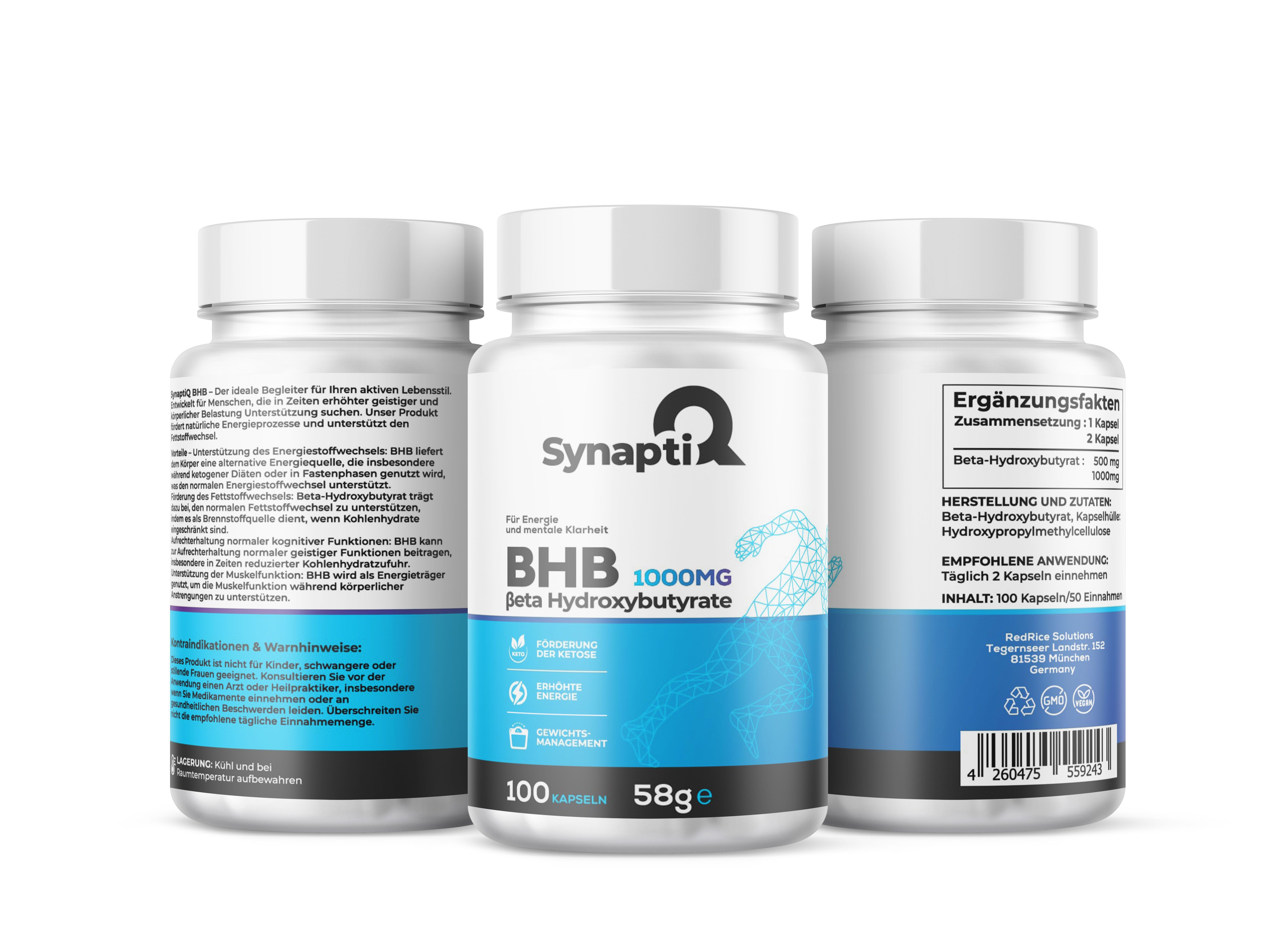 Tre flaconi bianchi con etichette blu. Scritta: SynaptiQ, BHB 1000mg, Beta Hydroxybutyrate. Contiene 100 capsule.