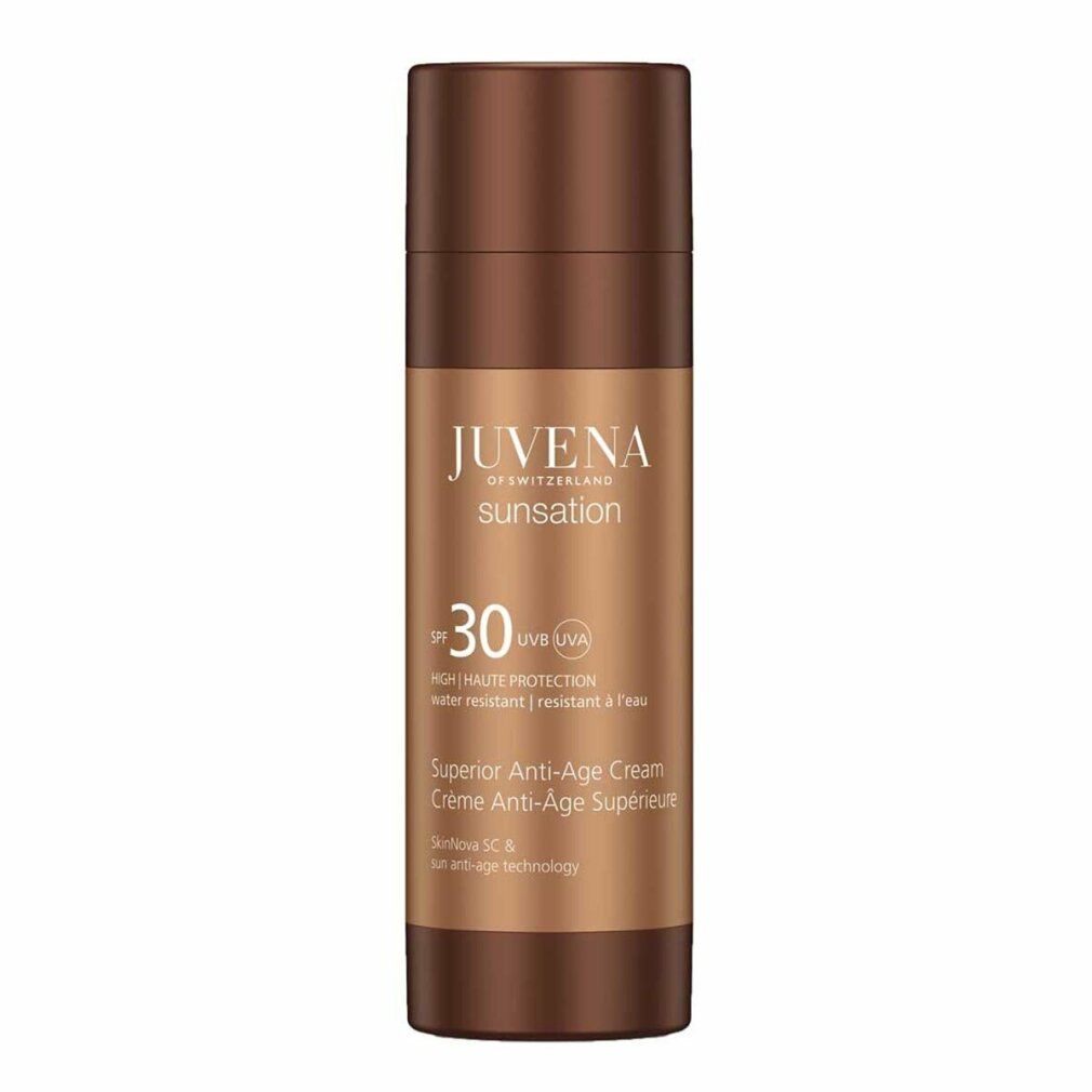 Flacone marrone. Scritta: Juvena Sunsation Superior Anti-Age Cream SPF30. Resistente all'acqua.