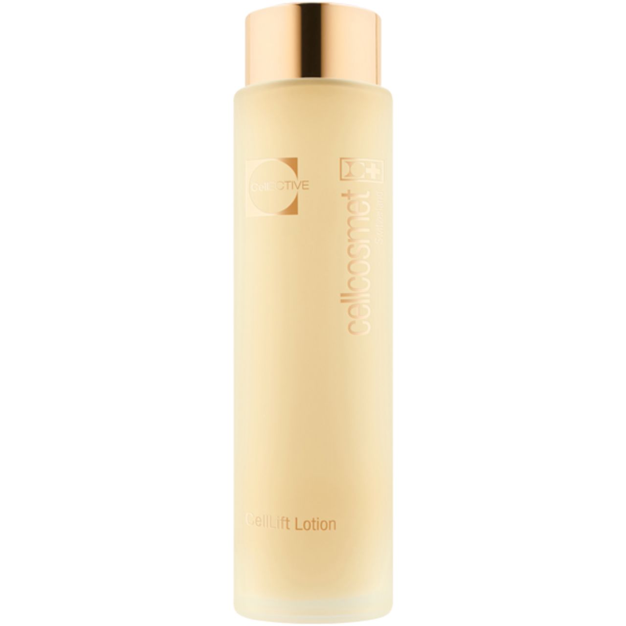 Flacone cilindrico con tappo dorato. Scritta Cellcosmet e CellEctive CellLift Lotion.