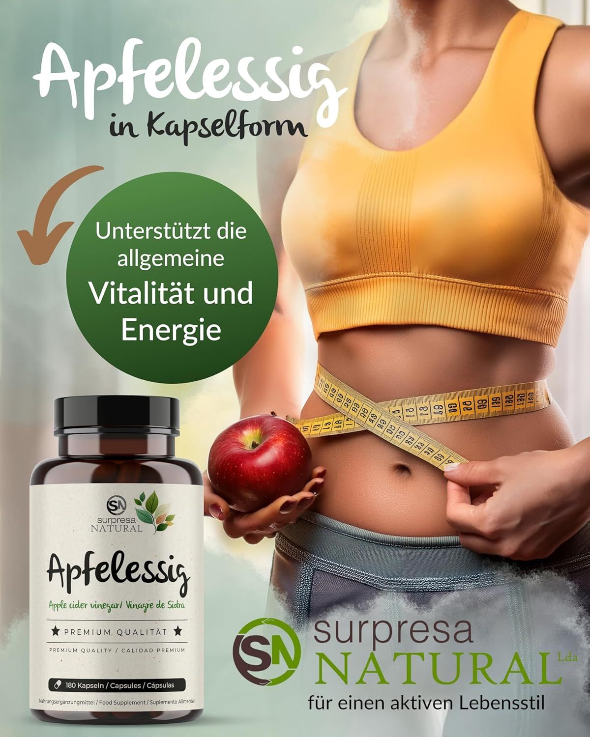Donna con top giallo e metro a nastro. Bottiglia con capsule di aceto di mele e mela. Testo: Vitalità ed energia.