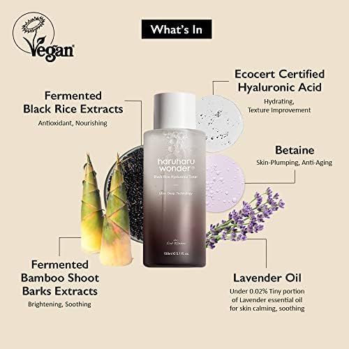 Prodotto con ingredienti. Flacone di toner, bambù, lavanda. Testo: Riso nero fermentato, acido ialuronico, betaina, olio di lavanda.