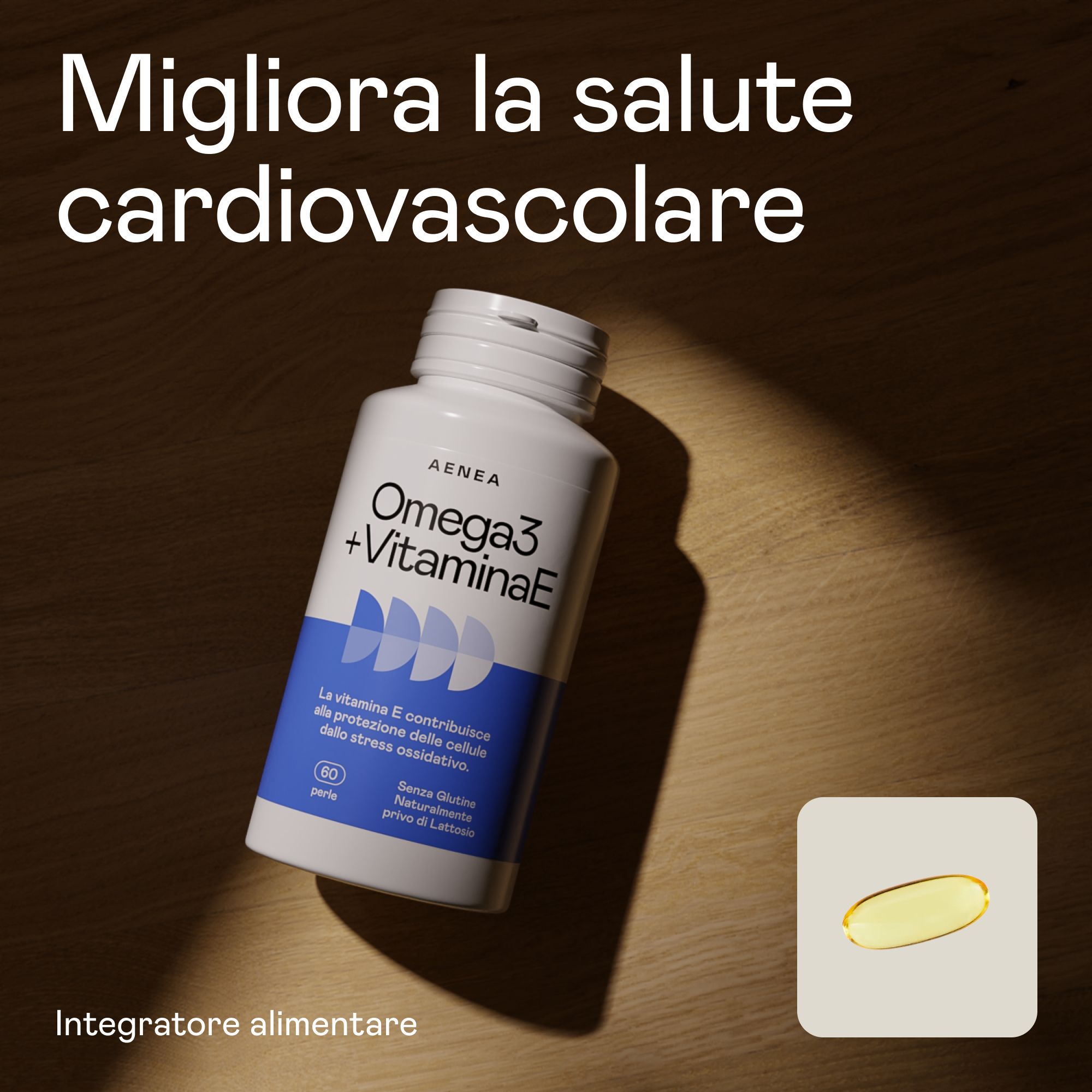 Aenea Omega 3 + Vitamina E. Flacone bianco con testo blu. 60 perle. Singola perla illustrata. Integratore alimentare.