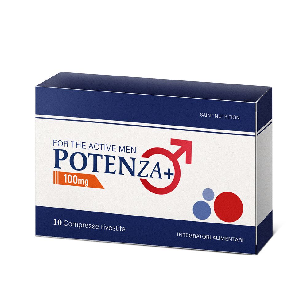 Confezione del prodotto. Scritta: Potenza+, 100mg, 10 compresse. Per l'uomo attivo. Integratore alimentare. Saint Nutrition.
