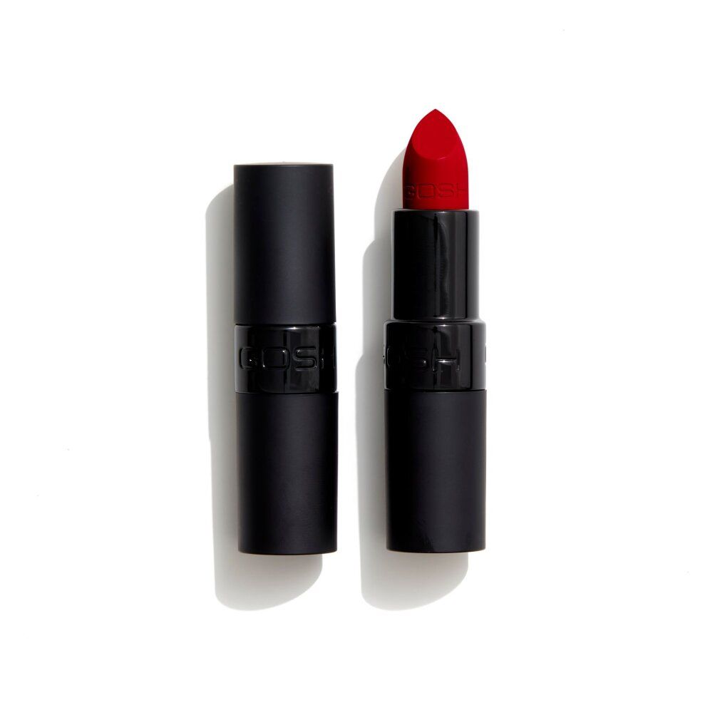 Rossetto rosso e astuccio nero. Marchio GOSH. Finitura opaca.