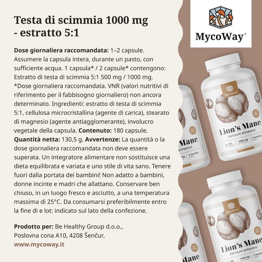 Più flaconi Lion's Mane. Testo: Testa di scimmia 1000 mg - estratto 5:1. Marchio: MycoWay.