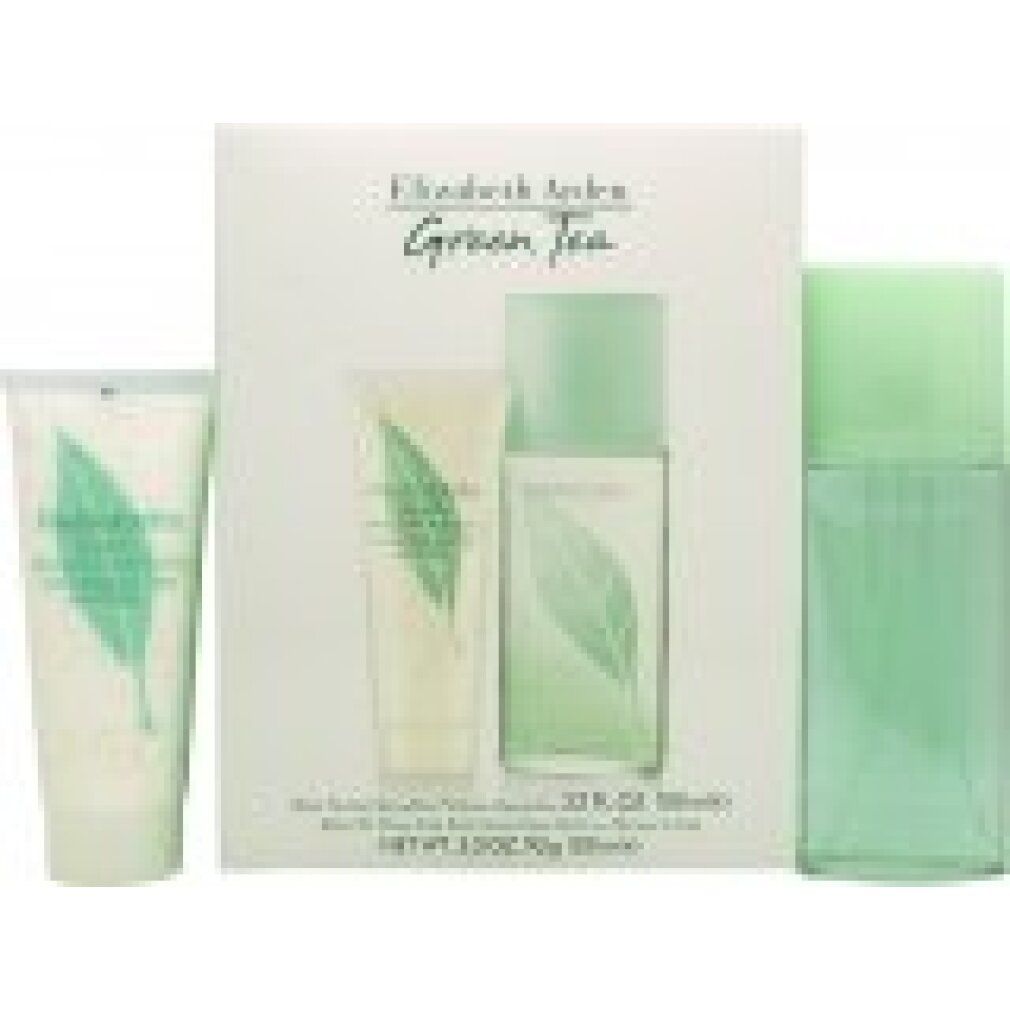 Set regalo Elizabeth Arden Green Tea. Include spray, lozione e crema. Confezione bianca e verde con logo e motivo a foglia.