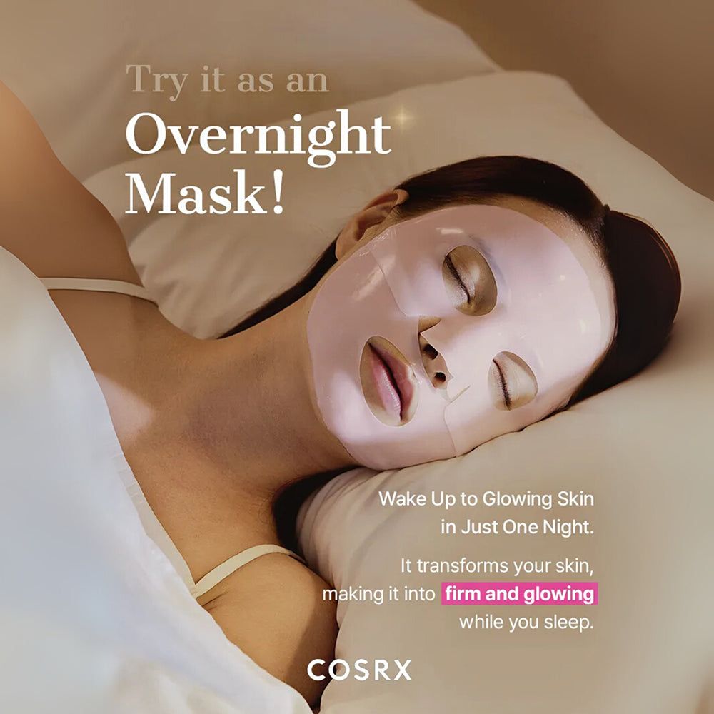 Donna dorme con maschera idrogel Peptide Collagen Lifting Glow applicata.