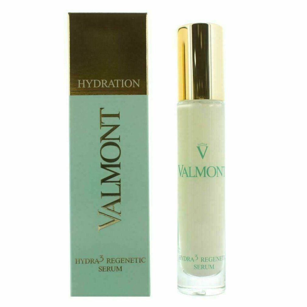 Flacone di siero e confezione. Scritta VALMONT, HYDRATION, HYDRA 3 REGENETIC SERUM. Flacone con tappo dorato.
