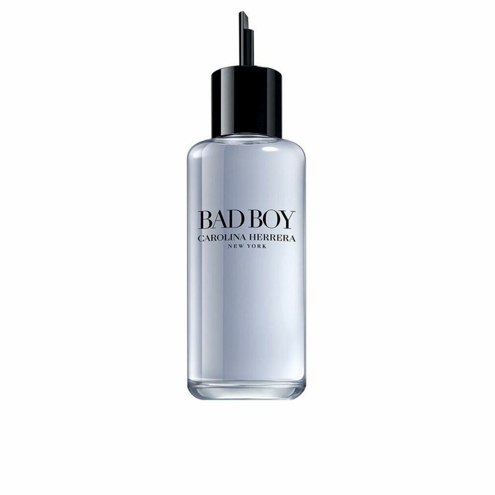 Flacone di ricarica. Vetro cilindrico azzurro. Tappo nero con applicatore. Scritta: BAD BOY, CAROLINA HERRERA, NEW YORK.