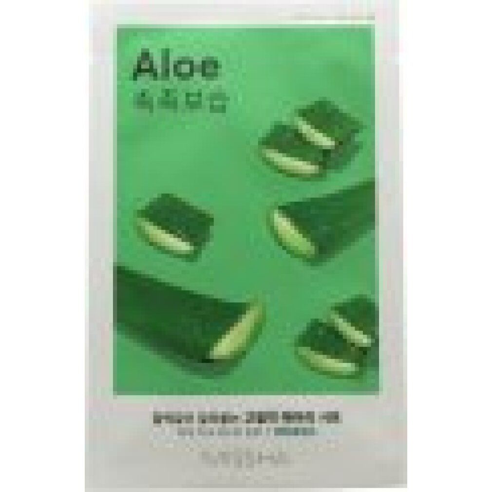 Maschera viso con motivo aloe vera. Confezione verde con foglie di aloe vera. Marchio MISSHA in basso.