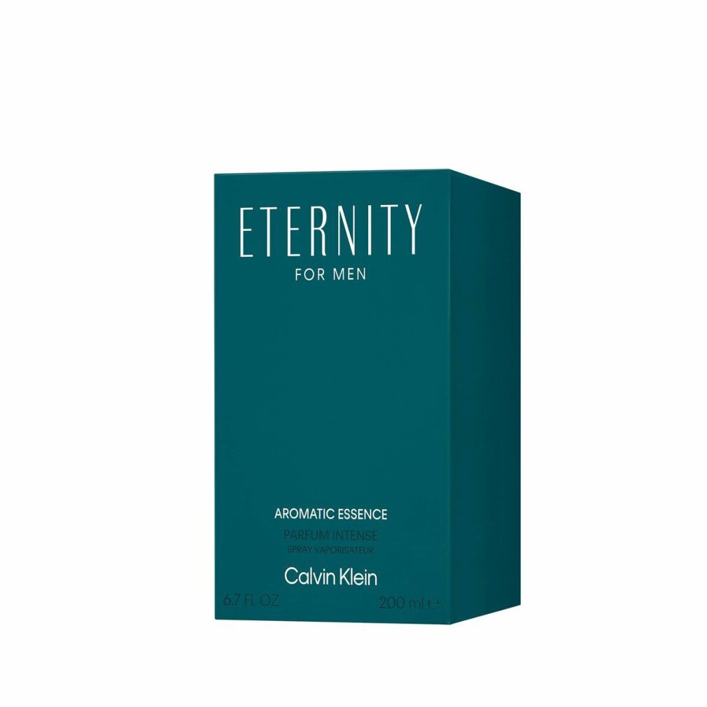 Confezione turchese. Scritta: Eternity for Men Aromatic Essence. Marchio: Calvin Klein. Volume: 200 ml.