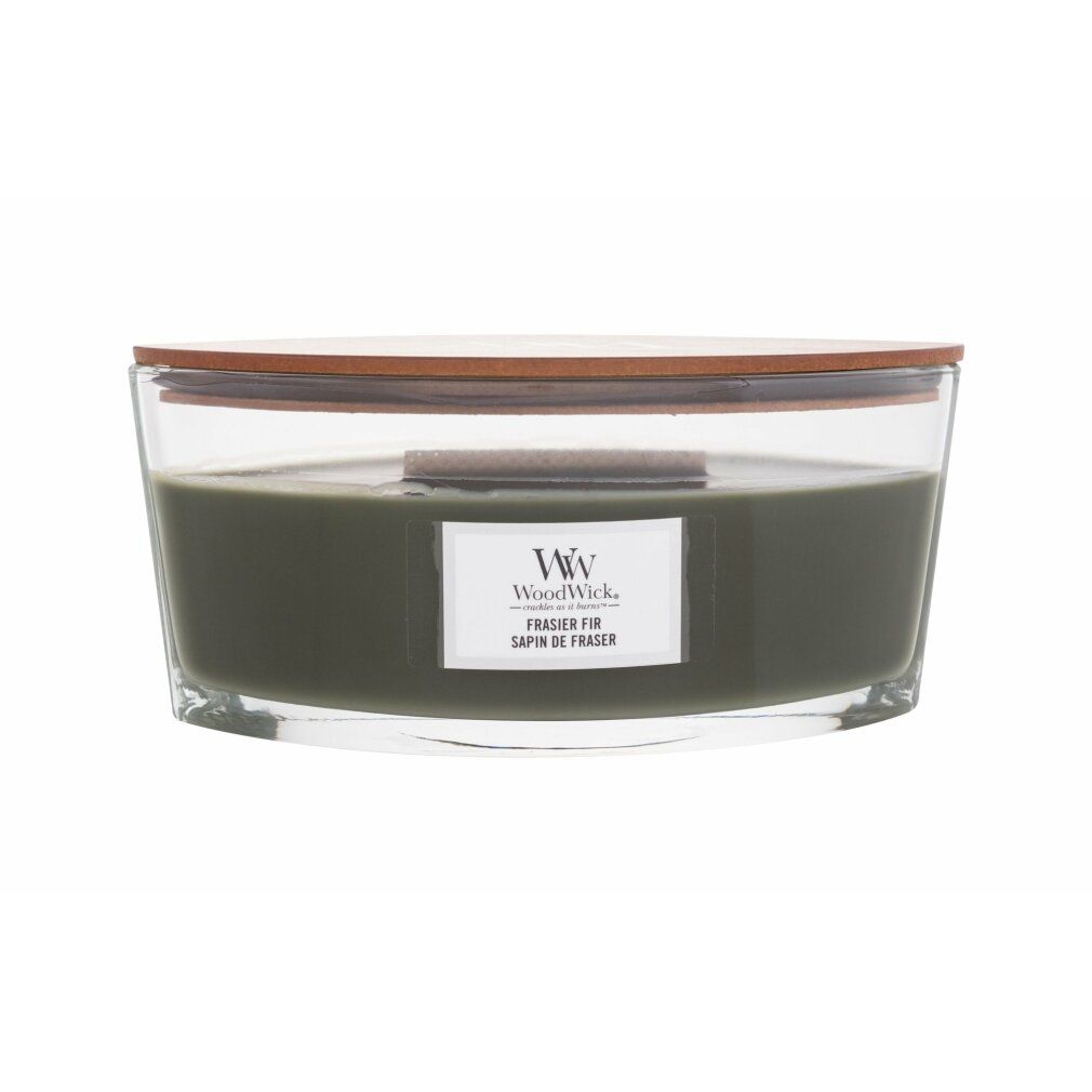 Candela WoodWick Frasier Fir in contenitore di vetro con coperchio in legno. Etichetta con nome.