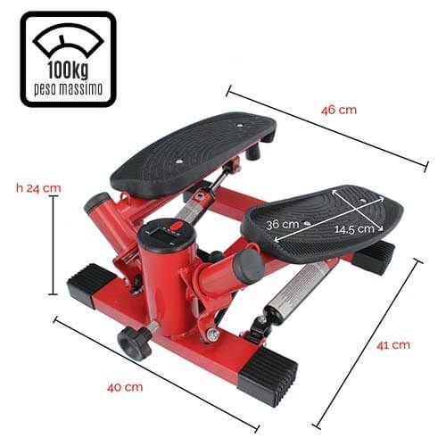 Stepper rosso con pedane nere. Dimensioni: 40x41x24 cm. Carico massimo 100 kg. Misure indicate.