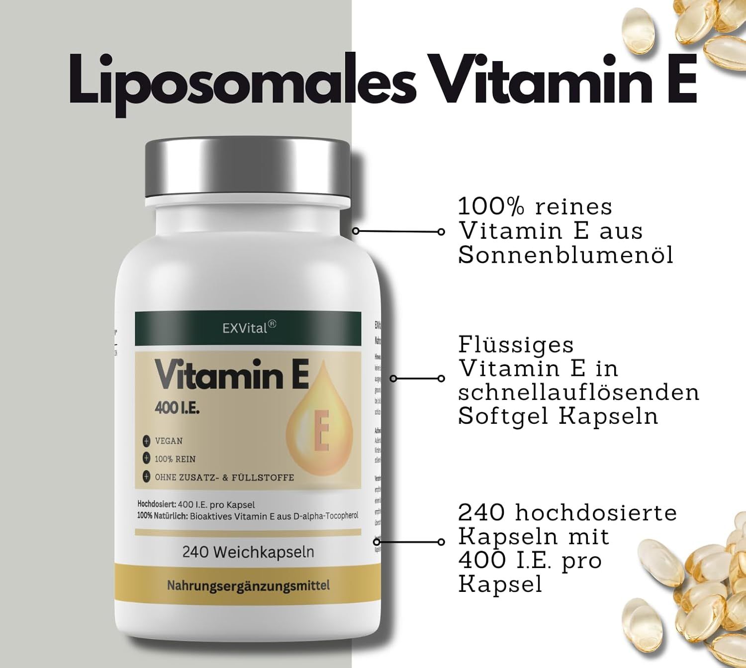 Flacone EXVital Vitamina E 400 UI capsule molli. 100% vitamina E pura da olio di girasole.