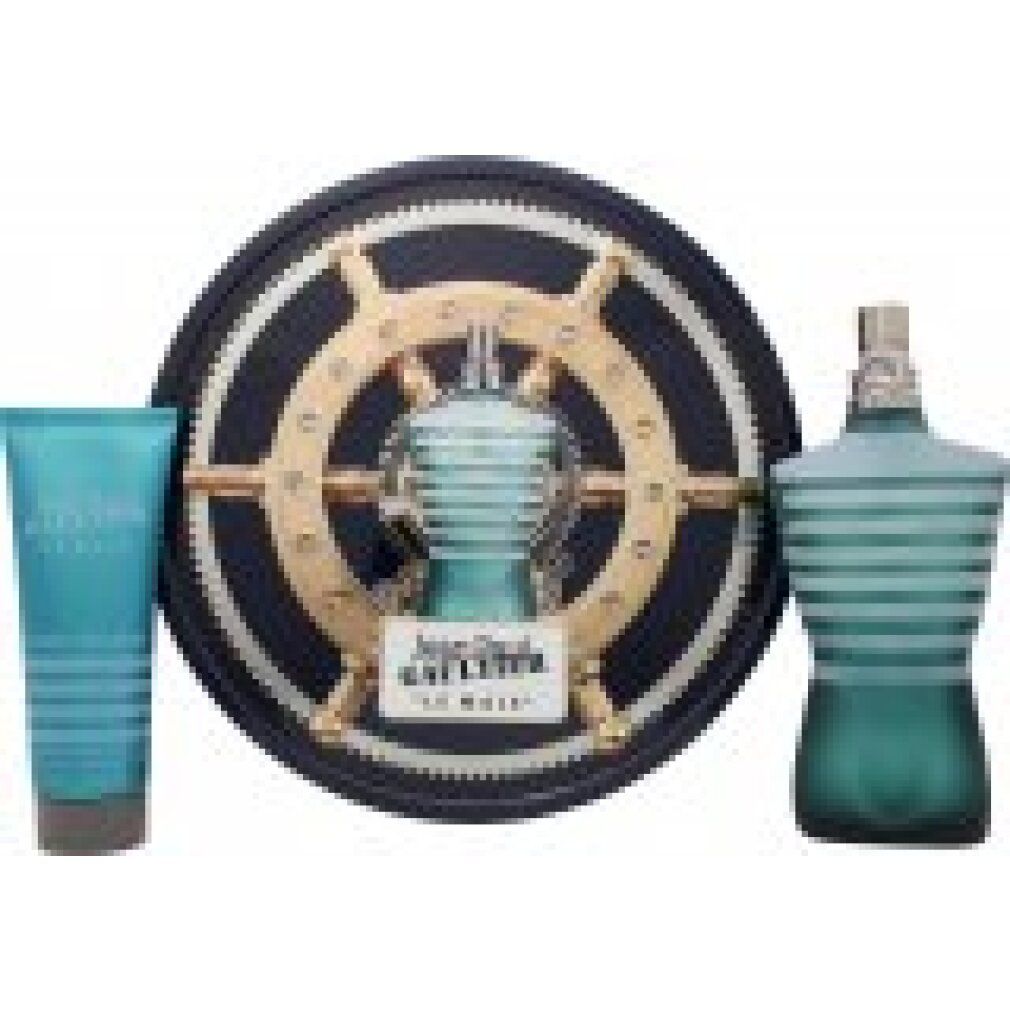 Set regalo con flacone, gel doccia e decorazione. Flacone e gel a righe blu-verdi. Scritta "Jean Paul Gaultier Le Male".