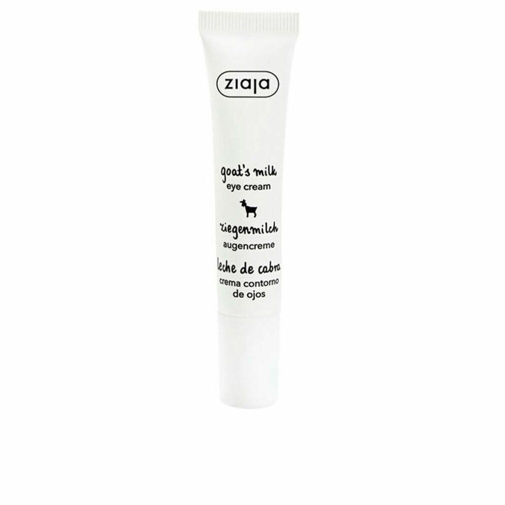 Tubo bianco con logo Ziaja e testo: goat's milk eye cream, Ziegenmilch Augencreme, crema contorno de ojos. Scritta nera.