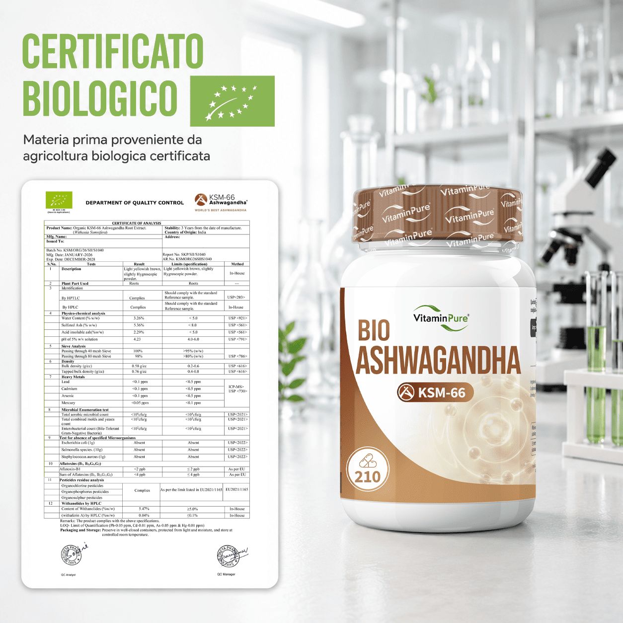 Certificato BIO e flacone VitaminPure® Ashwagandha KSM-66 in laboratorio.